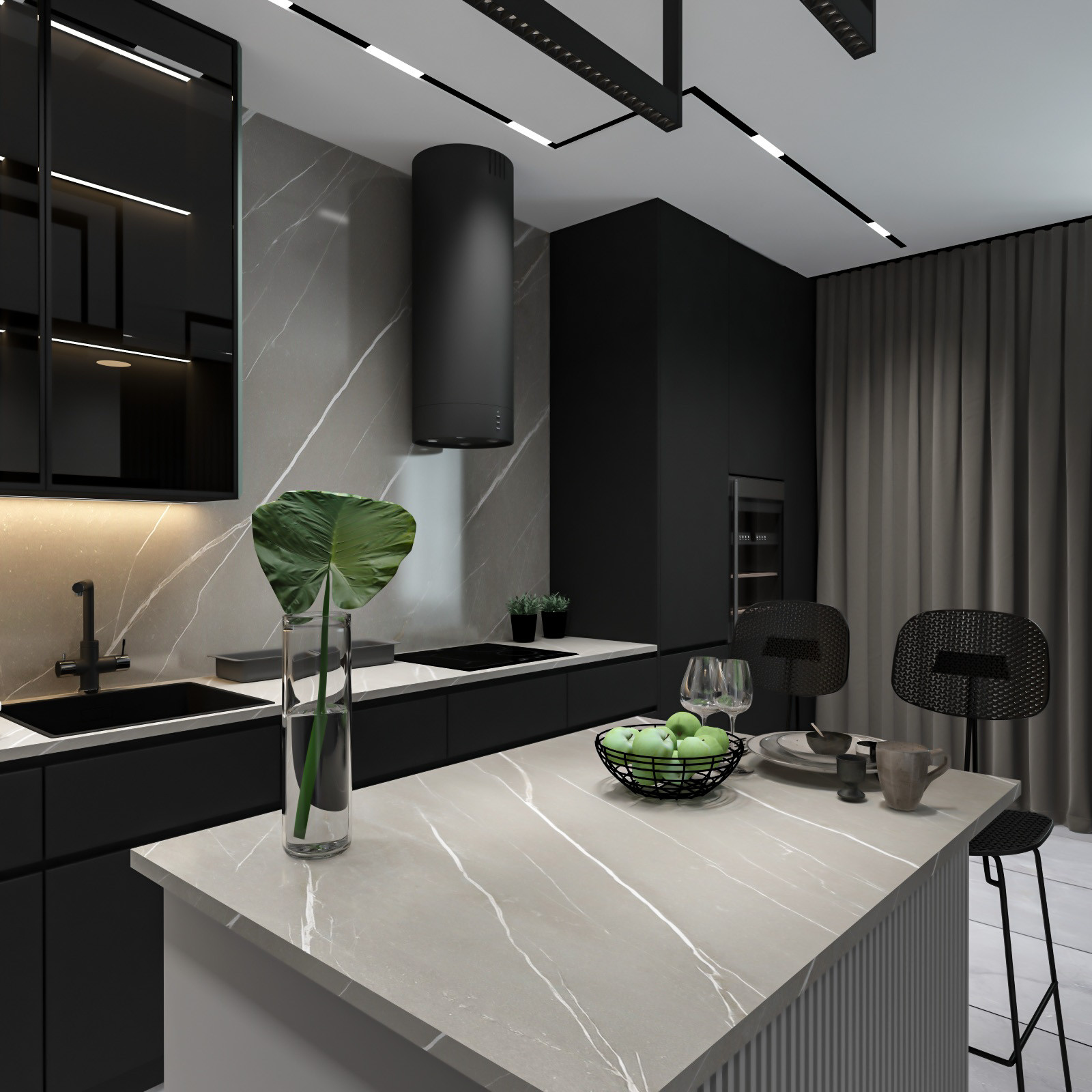 Дизайн кухни (проект квартиры в темных тонах)