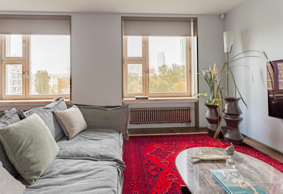 Идея дизайна: гостиная комната среднего размера в современном стиле с телевизором на стене и ковром на полу