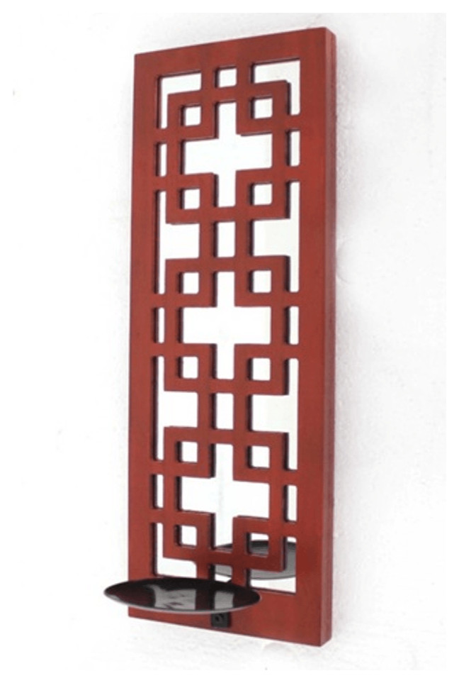 17" X 5" X 6" Red, Vintage Wood, Lattice Mirror - Candle Holder Sconce