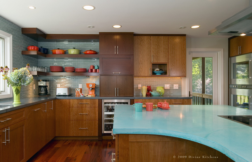 Inspiration for a contemporary kitchen remodel in Boston with open cabinets, concrete countertops, blue backsplash, medium tone wood cabinets and turquoise countertops