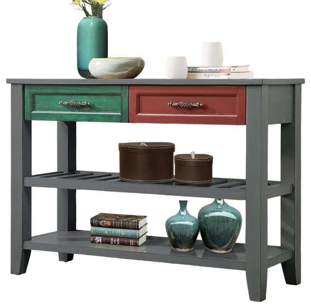 Farmhouse Console Table, Large Lower Shelf & Middle Slatted Shelf