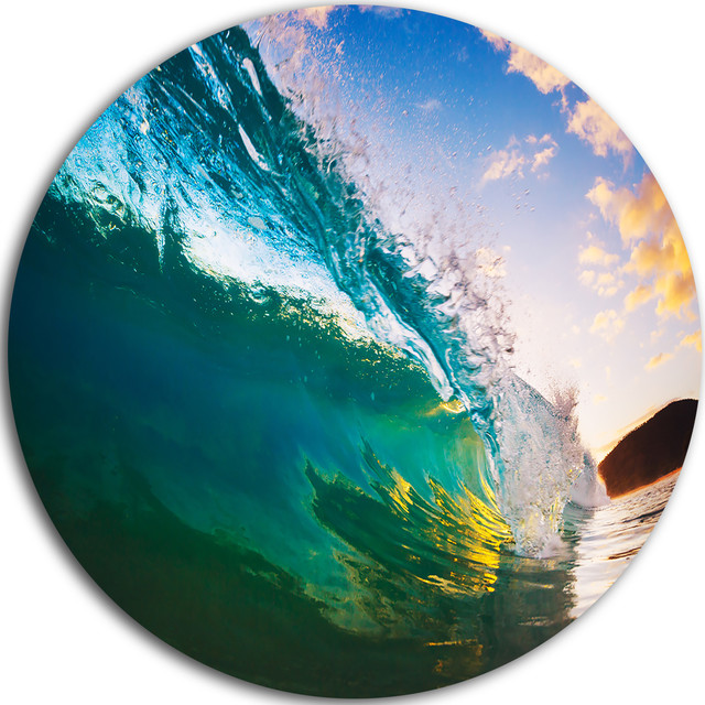 Ocean Wave At Sunset, Photography Disc Metal Wall Art Beach Style