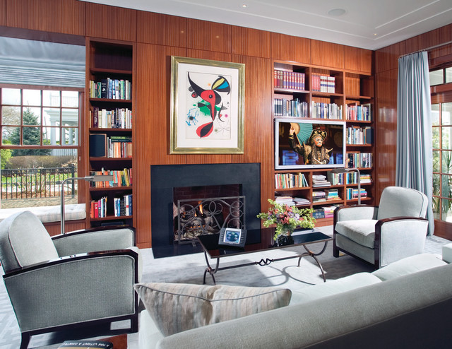 Library With Fireside Tv And Bookshelf Speakers Modern