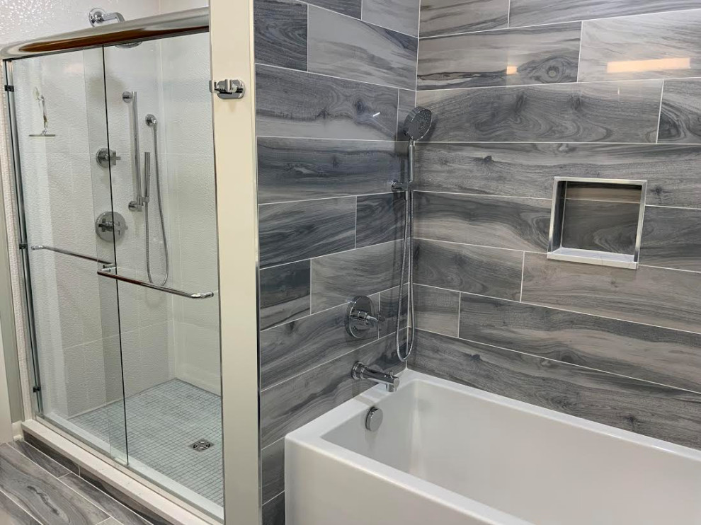 Modern Teen Bathroom with Blue Acrylic Vanity