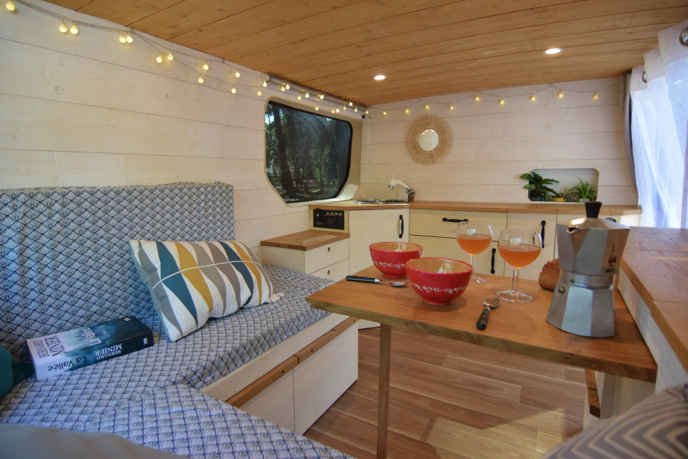 Свежая идея для дизайна: маленькая гостиная комната в скандинавском стиле с белыми стенами, темным паркетным полом, деревянным потолком и стенами из вагонки для на участке и в саду - отличное фото интерьера