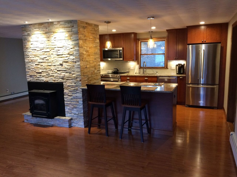 Transitional Kitchen With Fireplace