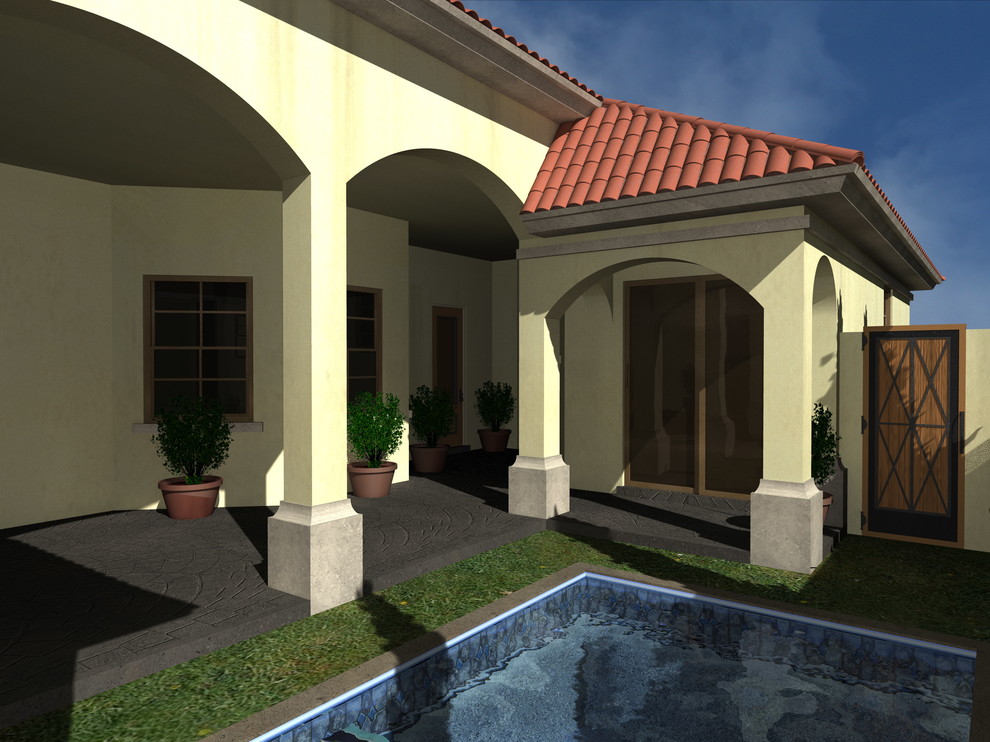 Mid-sized mediterranean side yard verandah in Miami with a water feature, stamped concrete and a roof extension.