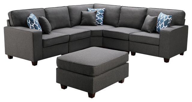 Sonoma Dark Gray Linen 6-Piece Modular Sectional Sofa and Ottoman ...