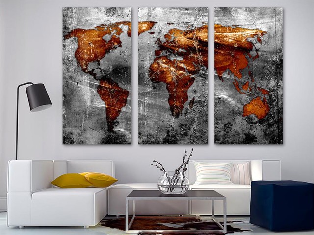 Copper Gray World Map Canvas Print Wall Art 3 Panel Split, Triptych ...