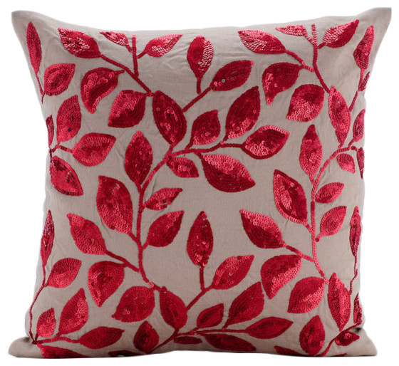 Beige Cotton Linen Red Sequins Flower Pillows Cover, Fall ...