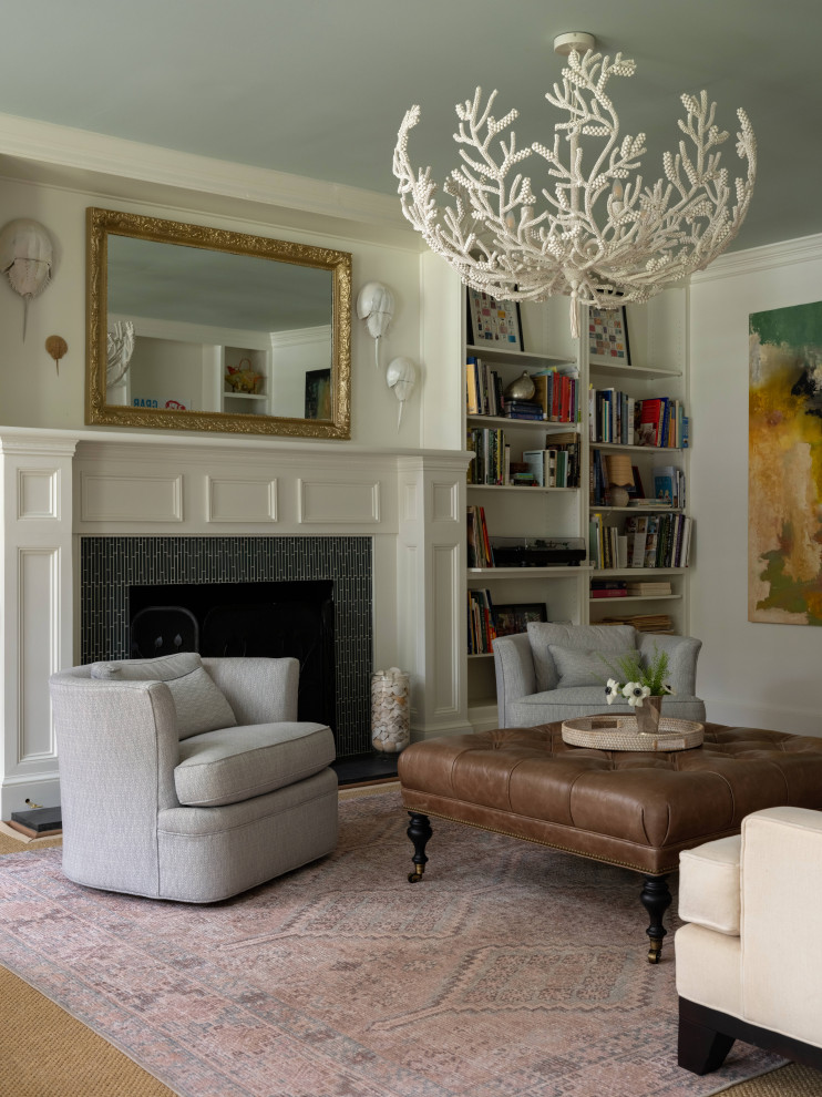 Inspiration for a mid-sized timeless enclosed brown floor and carpeted family room library remodel in DC Metro with white walls, a standard fireplace, a tile fireplace and no tv