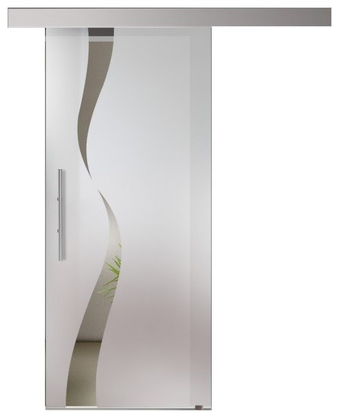 Frameless Glass Barn Door With Frosted Sandblasted Clear Wide