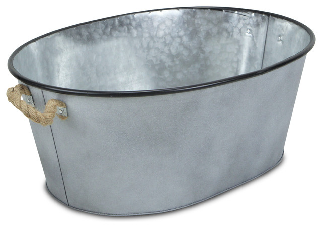 Large Galvanised Metal Bucket Planter Decorative Copper Rims Rustic Rope Handle
