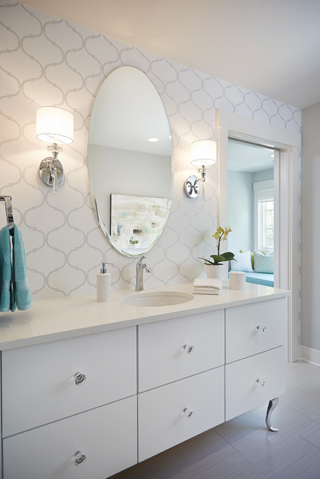 Large contemporary kids bathroom in Grand Rapids with an undermount sink, flat-panel cabinets, white cabinets, engineered quartz benchtops, white tile, porcelain tile and porcelain floors.