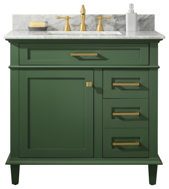 36 Vogue Green Finish Sink Vanity Cabinet With Carrara White Top Transitional Bathroom 