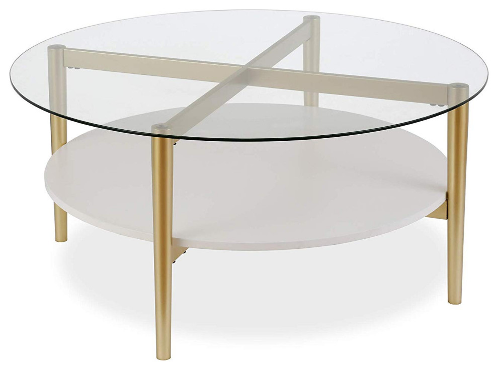 Coffee Table, Gold Base With White Lacquered Shelf and Glass Top Contemporary Coffee Tables