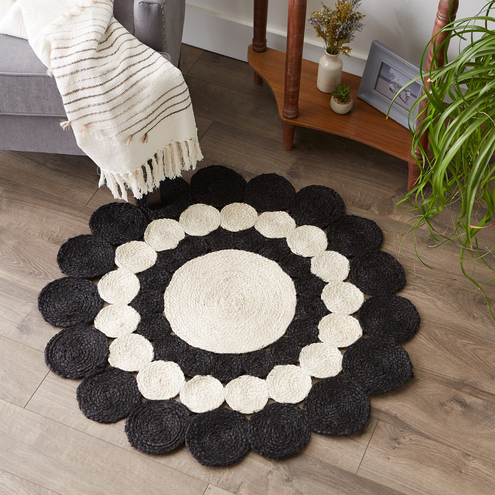 Black And White Jute Braided Rug 3 Ft Round Contemporary Area Rugs