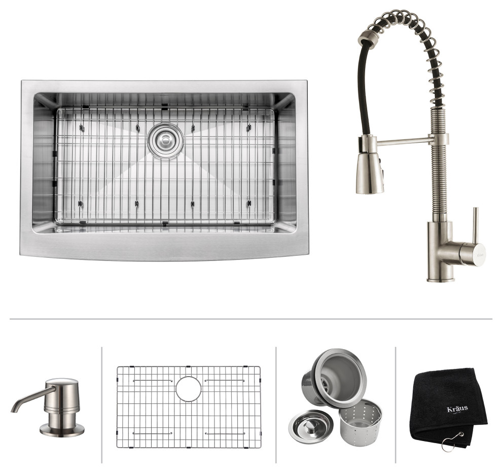 33" Farmhouse Stainless Steel Kitchen Sink, Pull-Down Faucet SS, Dispenser