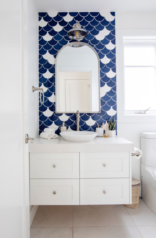 Navy Blue Focal Point: Bathroom Vanity Sink Ideas with White Countertops