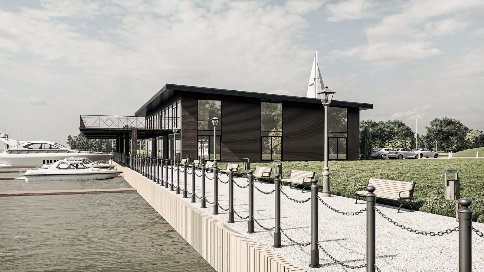 Проект небольшой пристани со зданием ресторана на берегу реки Волги