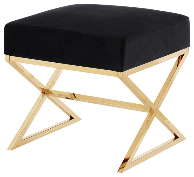 Oria Velvet XLeg Chrome or Gold Base Ottoman Contemporary