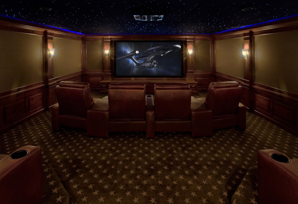 This is an example of a traditional home theatre in New York with multi-coloured floor.