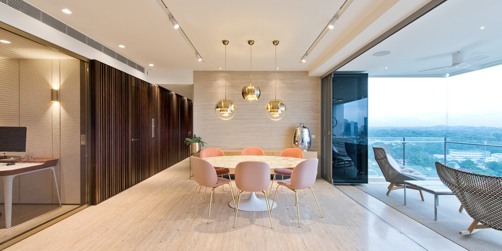 Design ideas for a contemporary open plan dining in Singapore with beige walls and beige floor.