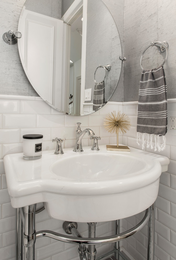 Example of a small transitional white tile and subway tile marble floor and gray floor powder room design in Dallas with open cabinets, a one-piece toilet, white walls, a pedestal sink and white countertops