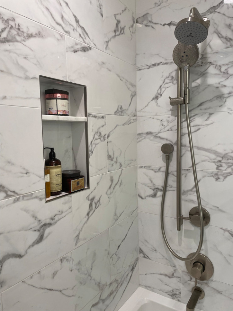 Photo of a mid-sized contemporary bathroom in San Francisco with flat-panel cabinets, grey cabinets, porcelain tile, engineered quartz benchtops, white benchtops, a single vanity and a built-in vanity.