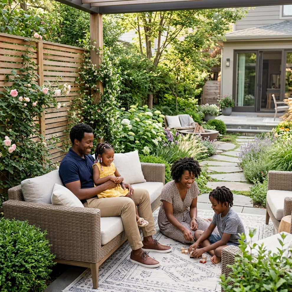 A family enjoying in their front yard