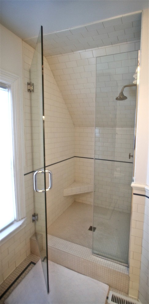This is an example of a mid-sized arts and crafts bathroom in Other with an undermount sink, shaker cabinets, white cabinets, engineered quartz benchtops, an alcove shower, a two-piece toilet, white tile, subway tile, white walls and ceramic floors.