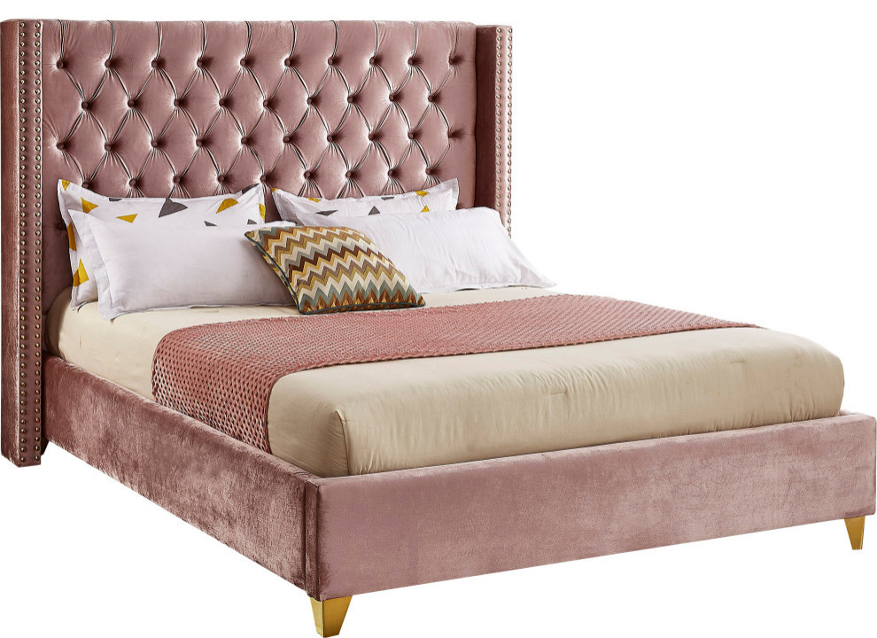Barolo Velvet Upholstered Bed, Pink, Full