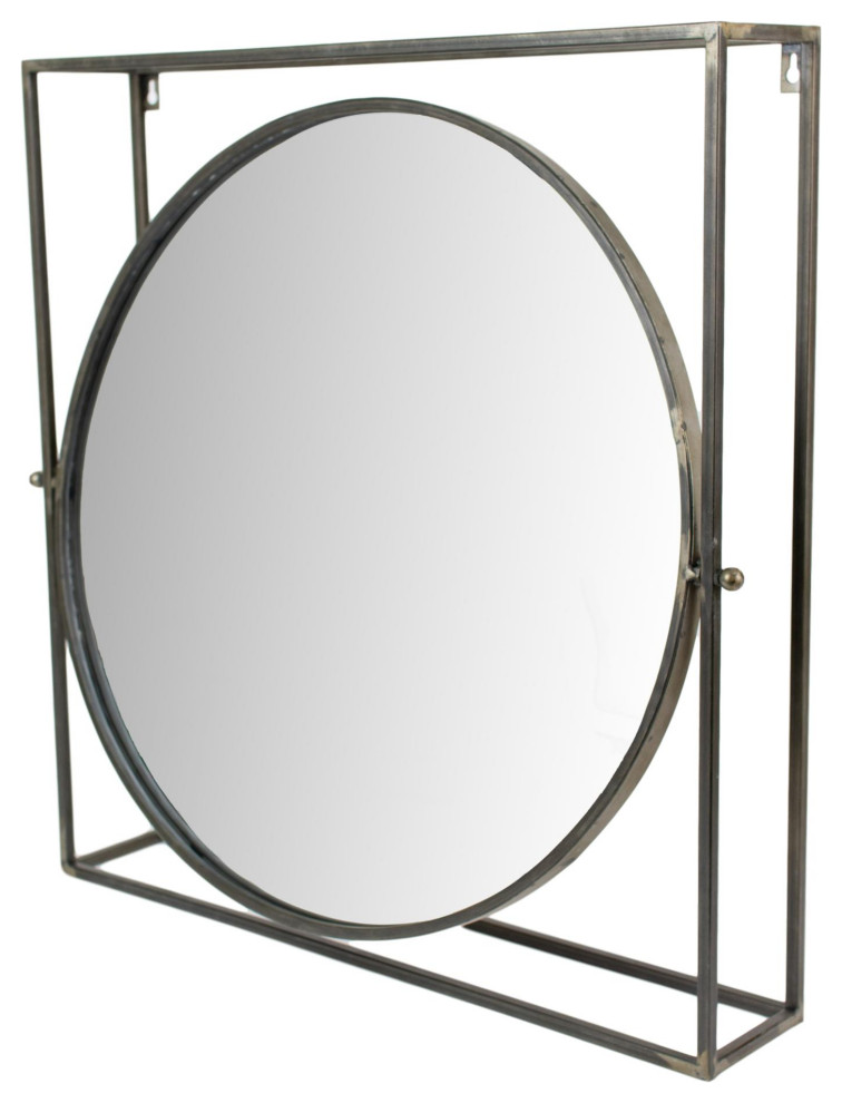 Distressed Black Round Metal Adjustable Wall Mirror Rustic Square
