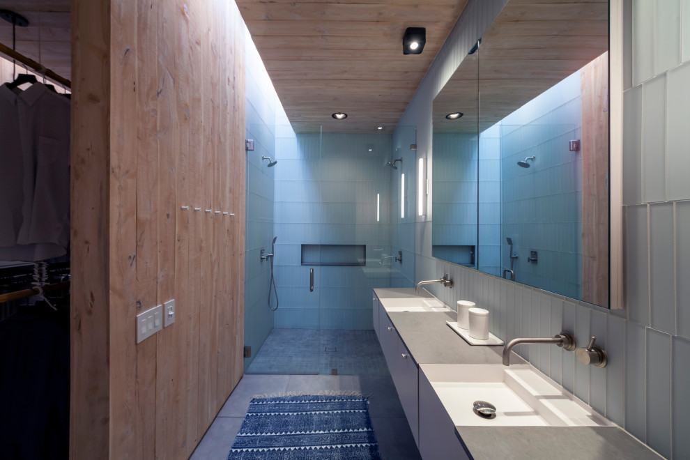 435W and 104N Adams - Open shower - mid-sized contemporary master gray tile and glass tile ceramic tile, gray floor, double-sink, wood ceiling and wall paneling open shower idea in Dallas with flat-panel cabinets, gray cabinets, blue walls, gray countertops and a floating vanity