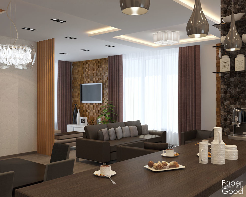 Ракурс с кухни на гостиную и часть столовой зоны