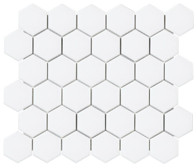 2 Inch White Glazed Porcelain Hexagon Mosaic Tiles, 10 Sq Ft Box