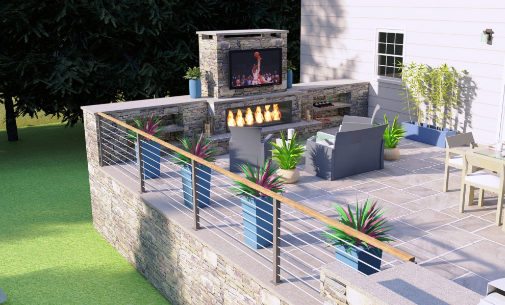 Design ideas for a mid-sized contemporary backyard patio in New York with natural stone pavers.