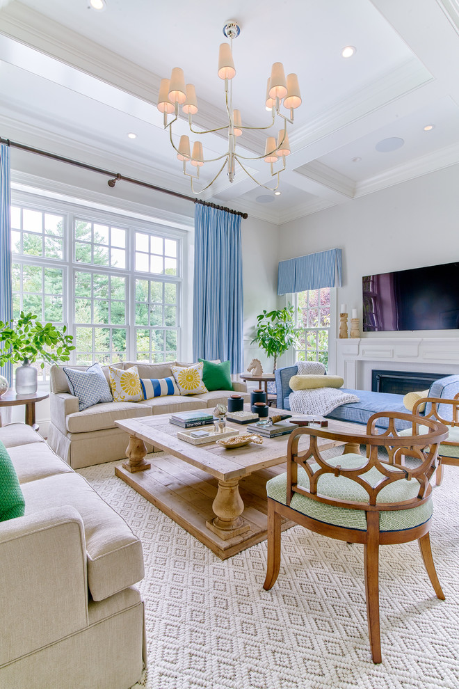 Family room - large contemporary open concept dark wood floor and brown floor family room idea in Boston with green walls, a standard fireplace, a wood fireplace surround and a wall-mounted tv