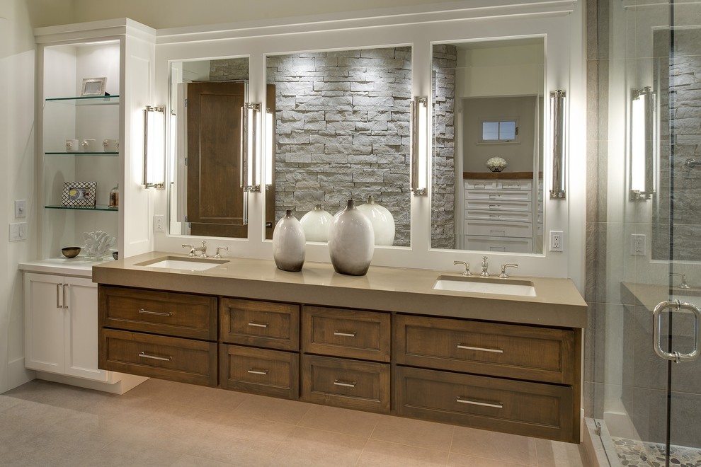 Inspiration for a large transitional master wet room bathroom in Minneapolis with shaker cabinets, medium wood cabinets, beige walls, travertine floors, an undermount sink, beige floor and a hinged shower door.