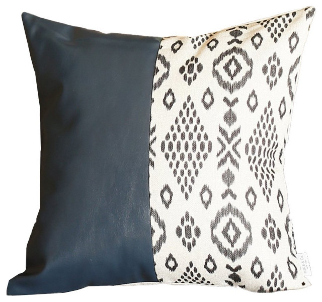 Blue Bisected Pattern and Faux Leather Pillow Cover Southwestern