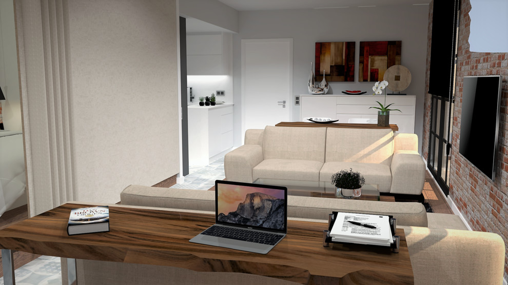This is an example of a large modern open concept living room in Madrid.