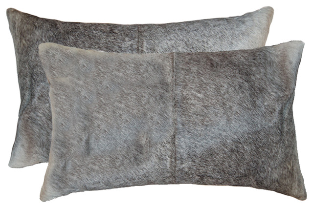 12"x20" Torino Kobe Cowhide Pillows, Set of 2, Salt and Pepper/Gray and White