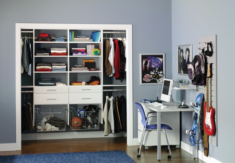 Inspiration for a small transitional gender-neutral built-in wardrobe in Other with open cabinets and white cabinets.