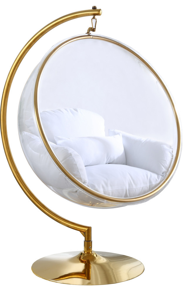 Luna Metal Acrylic Swing Bubble Accent Chair With Stand, White, Gold Base