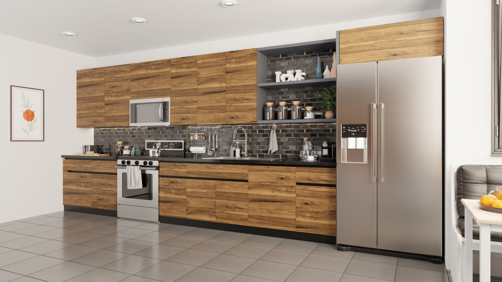 Mid-sized transitional single-wall kitchen photo in DC Metro with flat-panel cabinets, medium tone wood cabinets and no island
