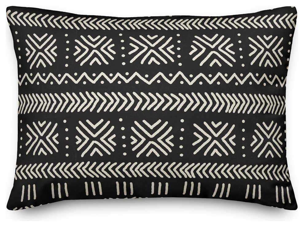 Black Mudcloth Pattern 14x20 Outdoor Throw Pillow Southwestern