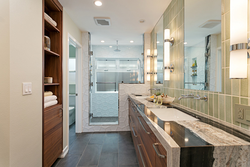 Inspiration for a large contemporary master bathroom in Chicago with flat-panel cabinets, medium wood cabinets, an alcove shower, a one-piece toilet, multi-coloured tile, beige walls, an undermount sink, quartzite benchtops, grey floor, a hinged shower door, multi-coloured benchtops, an enclosed toilet, a double vanity and a freestanding vanity.