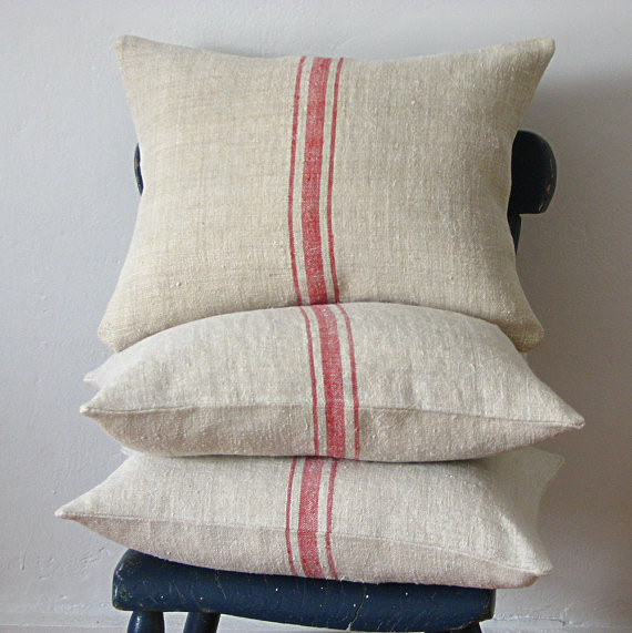 Vintage Grainsack Pillow, Triple Red Stripe by Jill Bent