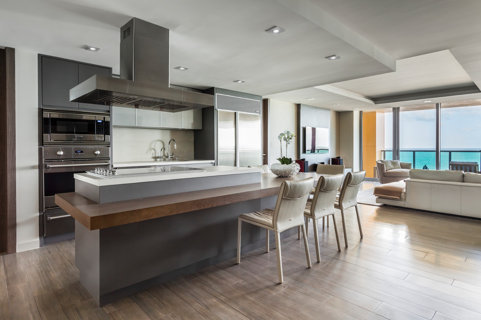 Contemporary galley kitchen in Other with flat-panel cabinets, grey cabinets, stainless steel appliances, dark hardwood floors, with island and brown floor.