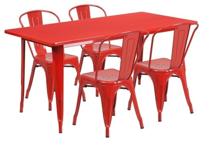 Bowery Hill 5 Piece Metal Dining Set in Red